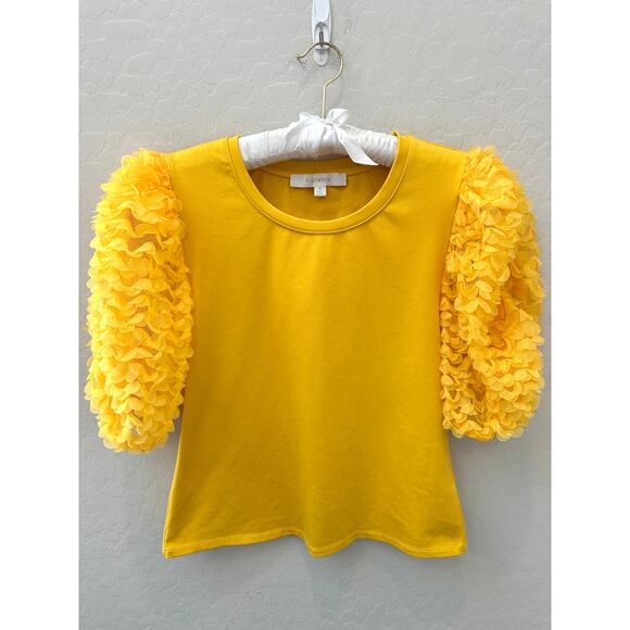 ANTHROPOLOGIE | Flat White Yellow Puff Sleeve Ruffle Textured Top | Size Small - Picture 2 of 8